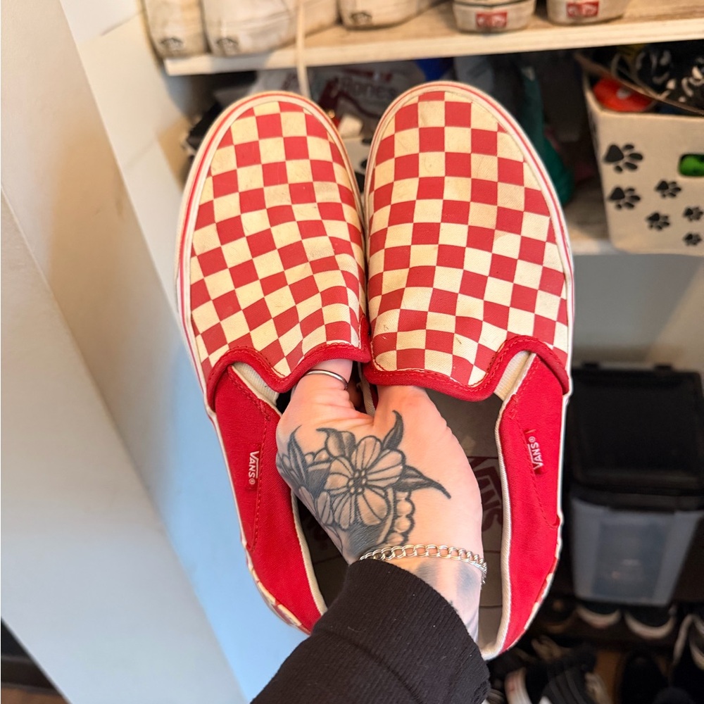 Vans Red and White Checkered Slip-Ons